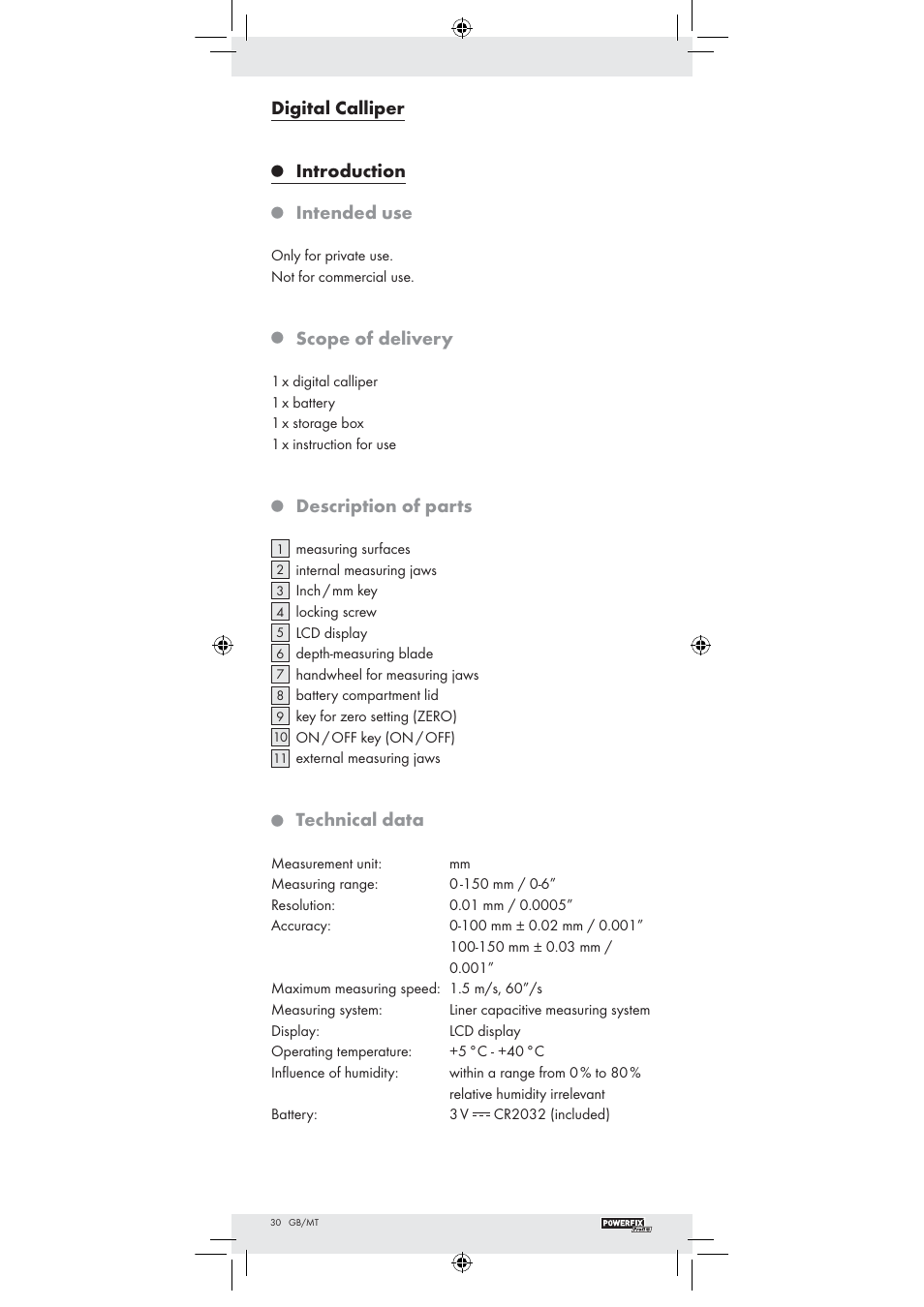 Digital calliper, Introduction, Intended use | Scope of delivery, Description of parts, Technical data | Powerfix Z22855 User Manual | Page 28 / 42