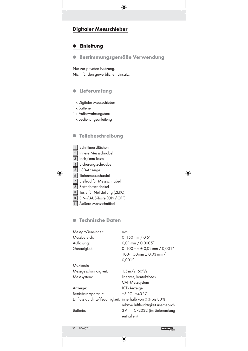 Digitaler messschieber, Einleitung, Bestimmungsgemäße verwendung | Lieferumfang, Teilebeschreibung, Technische daten | Powerfix Z22855 User Manual | Page 36 / 42