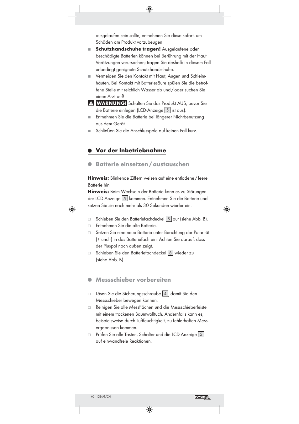 Vor der inbetriebnahme, Batterie einsetzen / austauschen, Messschieber vorbereiten | Powerfix Z22855 User Manual | Page 38 / 42