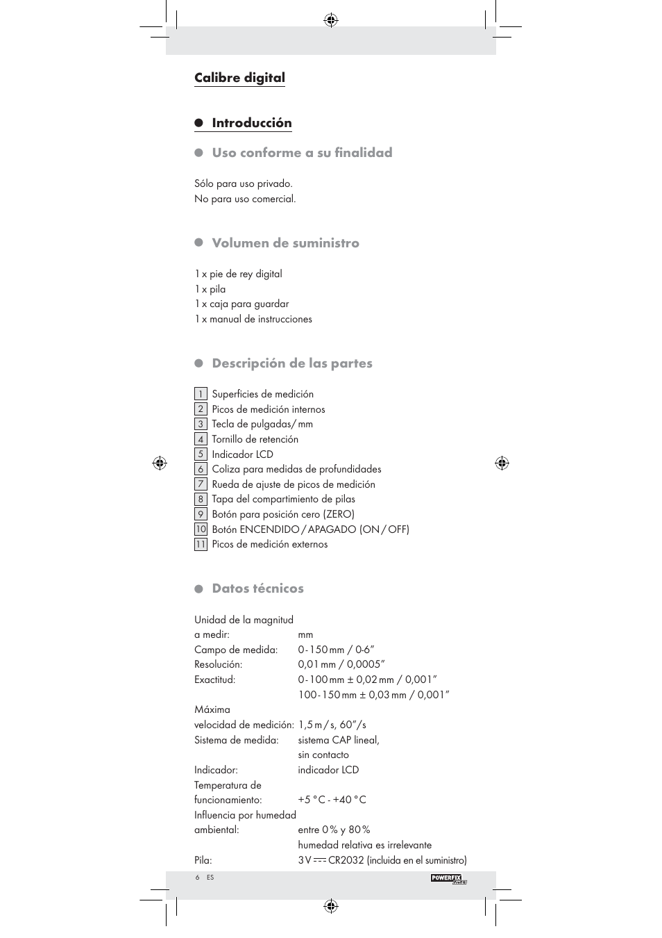 Calibre digital, Introducción, Uso conforme a su ﬁnalidad | Volumen de suministro, Descripción de las partes, Datos técnicos | Powerfix Z22855 User Manual | Page 4 / 42