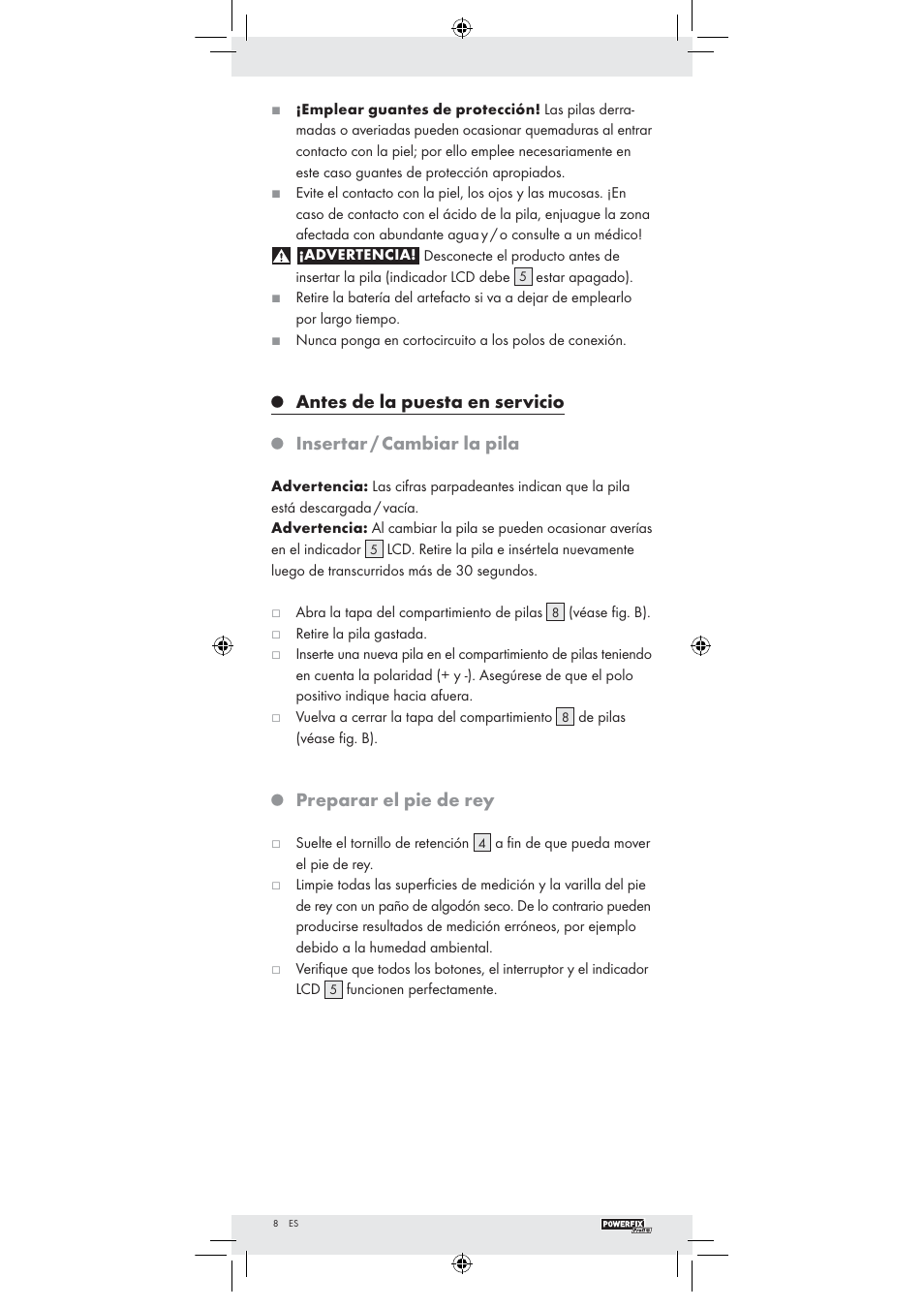 Antes de la puesta en servicio, Insertar / cambiar la pila, Preparar el pie de rey | Powerfix Z22855 User Manual | Page 6 / 42