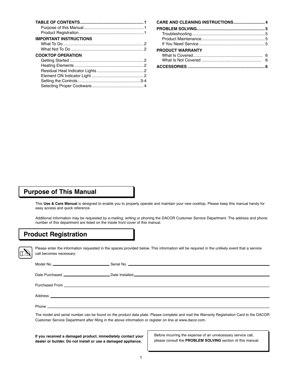 Purpose of this manual product registration | Dacor CER304 User Manual | Page 3 / 10