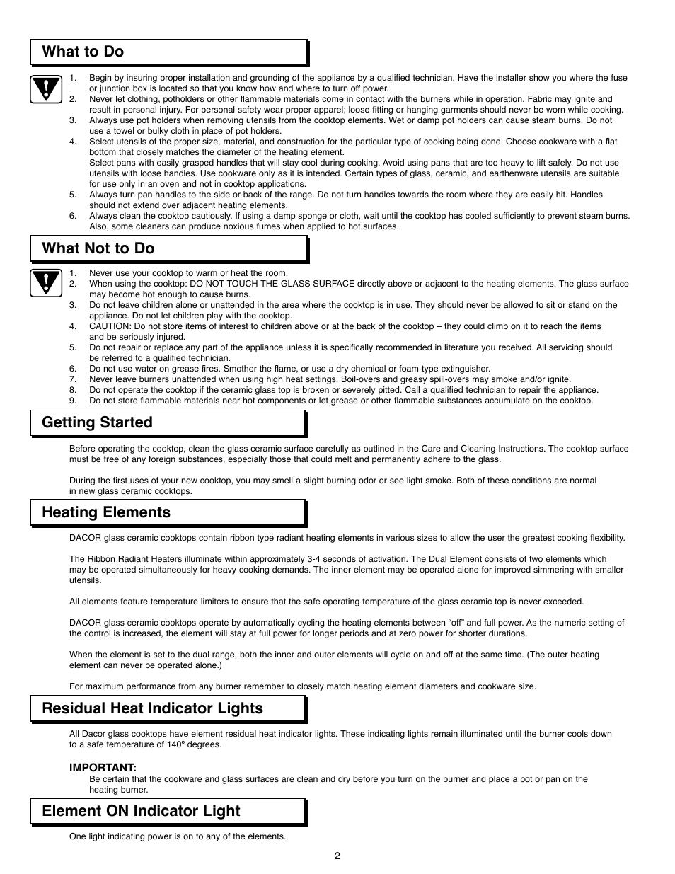 Getting started, What not to do what to do, Heating elements | Residual heat indicator lights, Element on indicator light | Dacor CER304 User Manual | Page 4 / 10