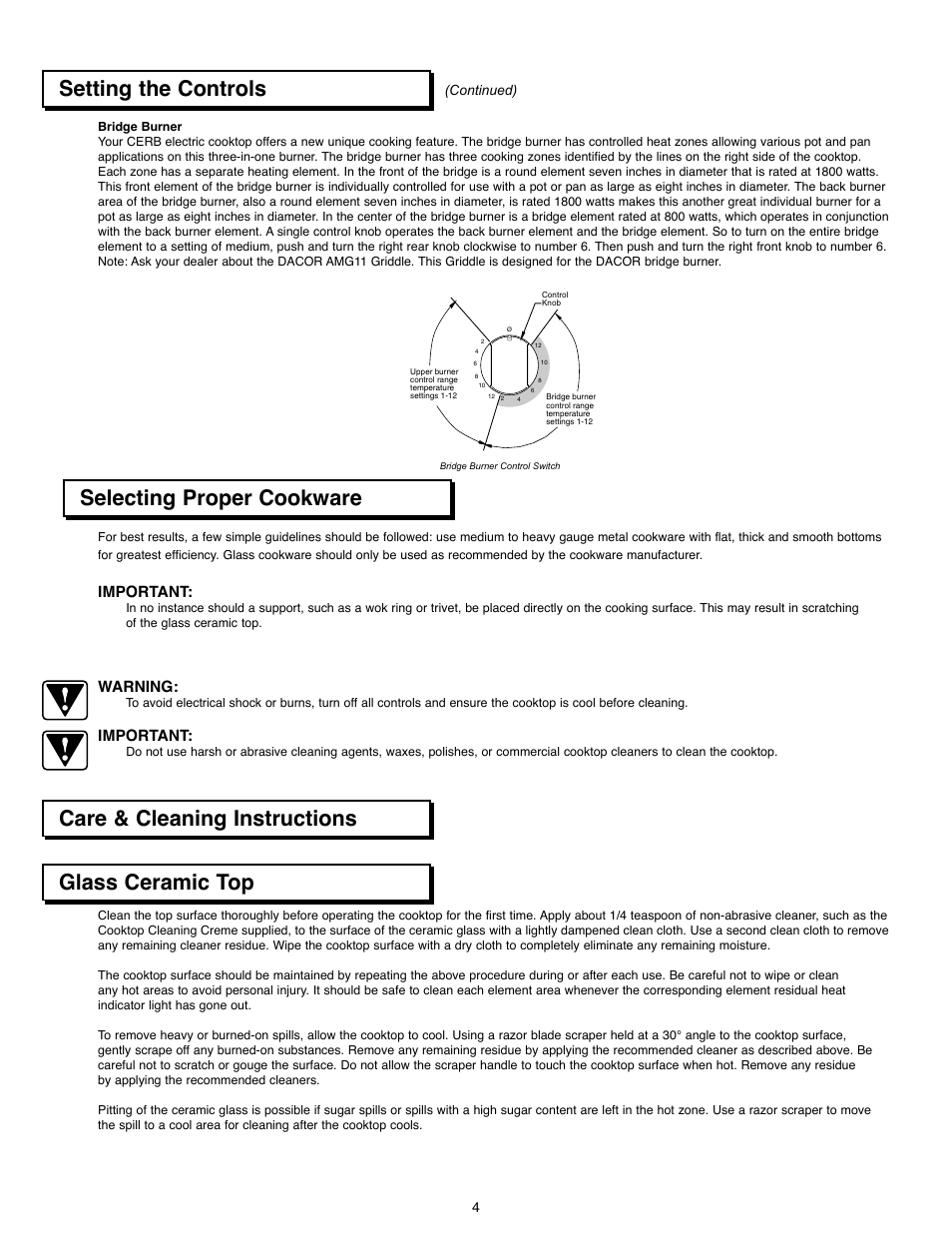 Setting the controls, Selecting proper cookware, Glass ceramic top | Care & cleaning instructions, Important, Warning | Dacor CER304 User Manual | Page 6 / 10