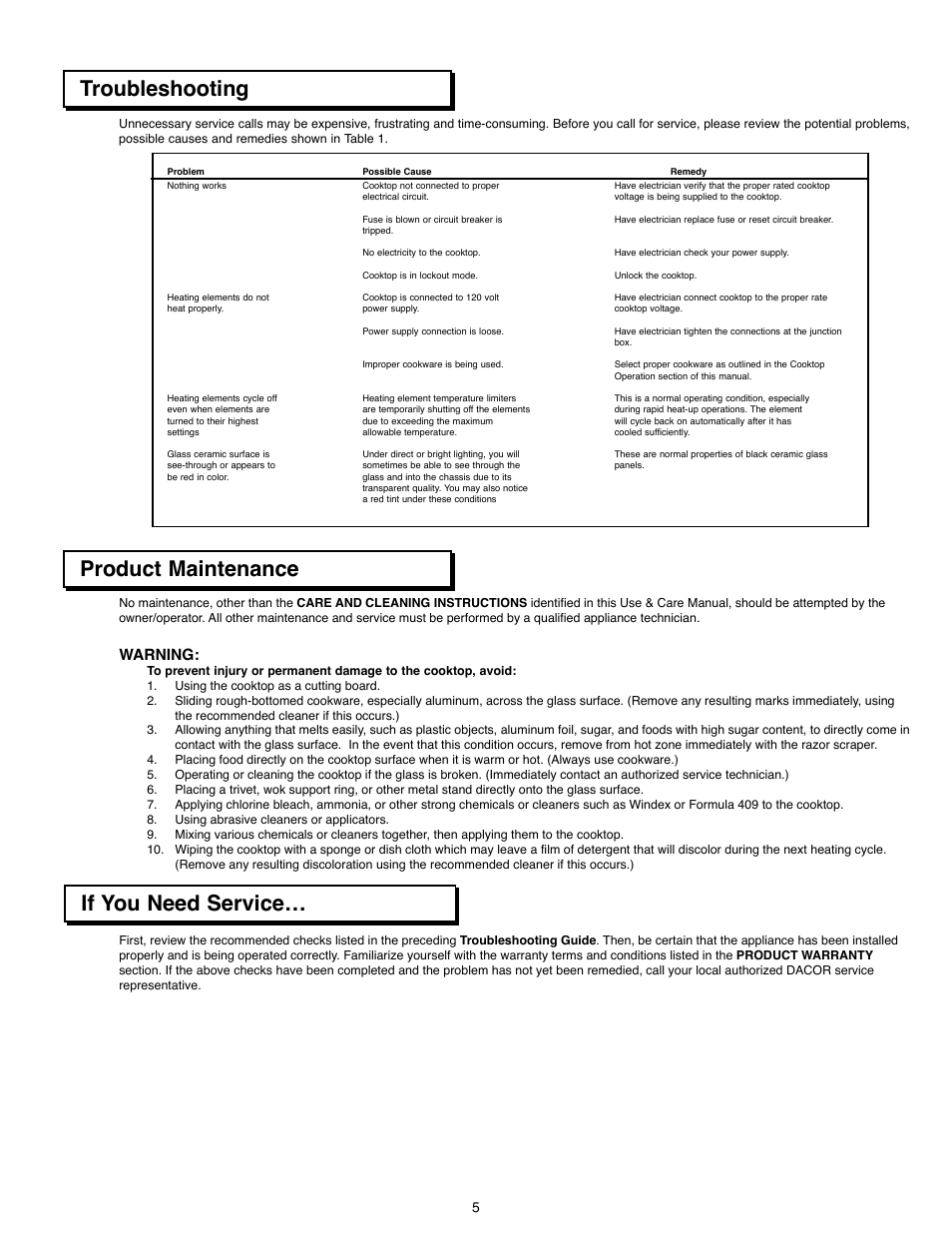 Troubleshooting, Product maintenance if you need service, Warning | Dacor CER304 User Manual | Page 7 / 10