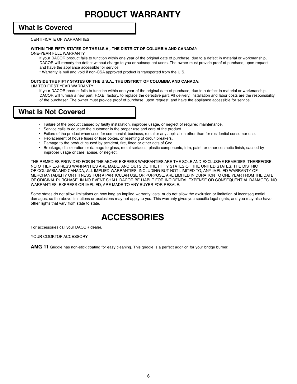 Accessories, Product warranty, What is covered what is not covered | Dacor CER304 User Manual | Page 8 / 10