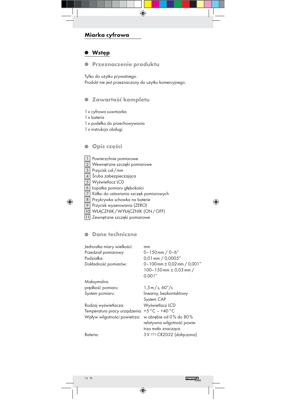 Miarka cyfrowa, Wstęp, Przeznaczenie produktu | Zawartość kompletu, Opis części, Dane techniczne | Powerfix Z22855 User Manual | Page 12 / 51