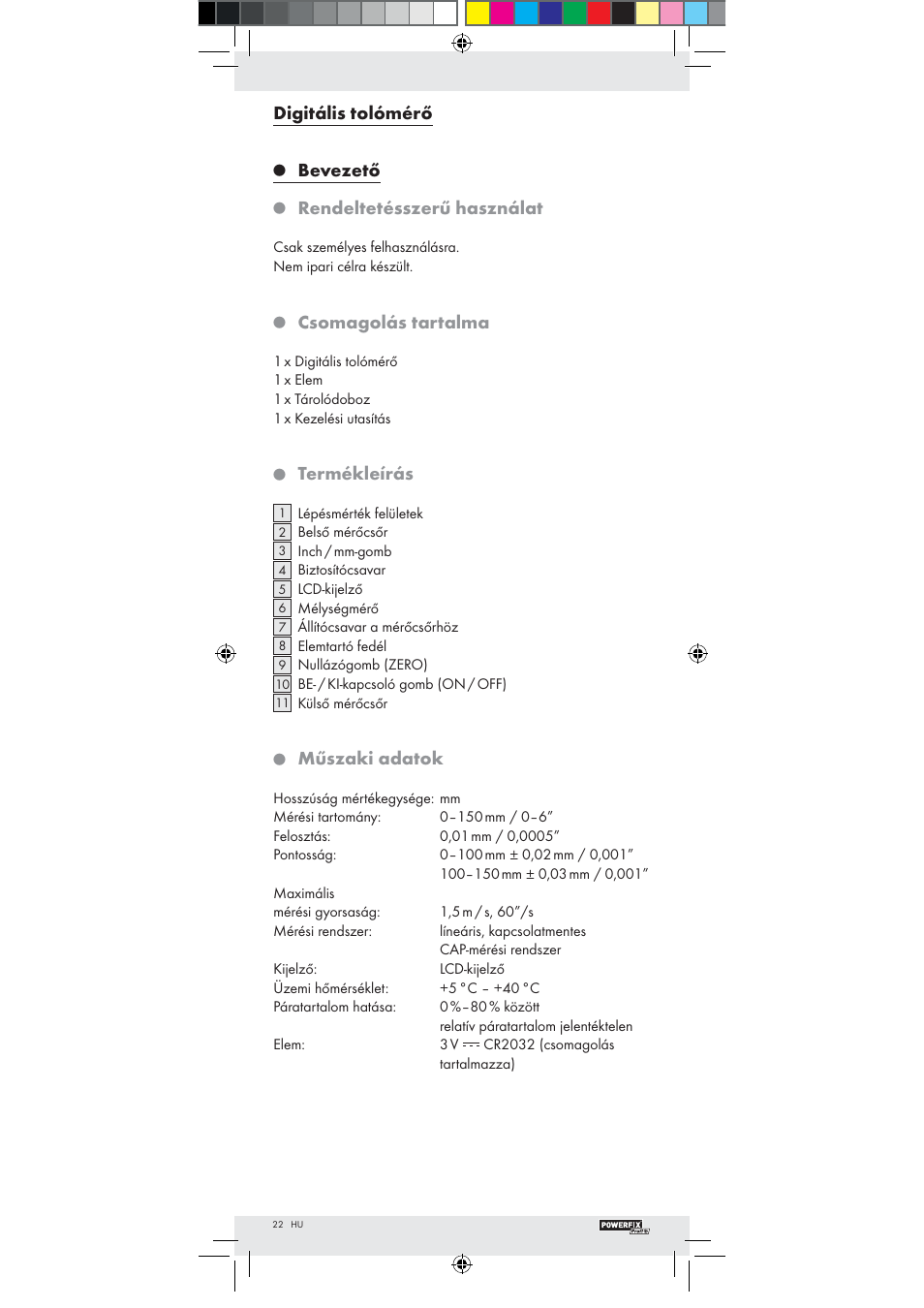 Digitális tolómérő, Bevezető, Rendeltetésszerű használat | Csomagolás tartalma, Termékleírás, Műszaki adatok | Powerfix Z22855 User Manual | Page 20 / 51