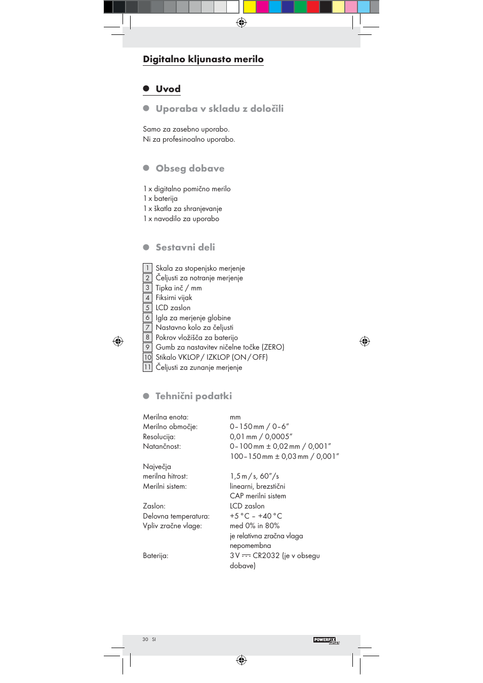 Digitalno kljunasto merilo, Uvod, Uporaba v skladu z določili | Obseg dobave, Sestavni deli, Tehnični podatki | Powerfix Z22855 User Manual | Page 28 / 51