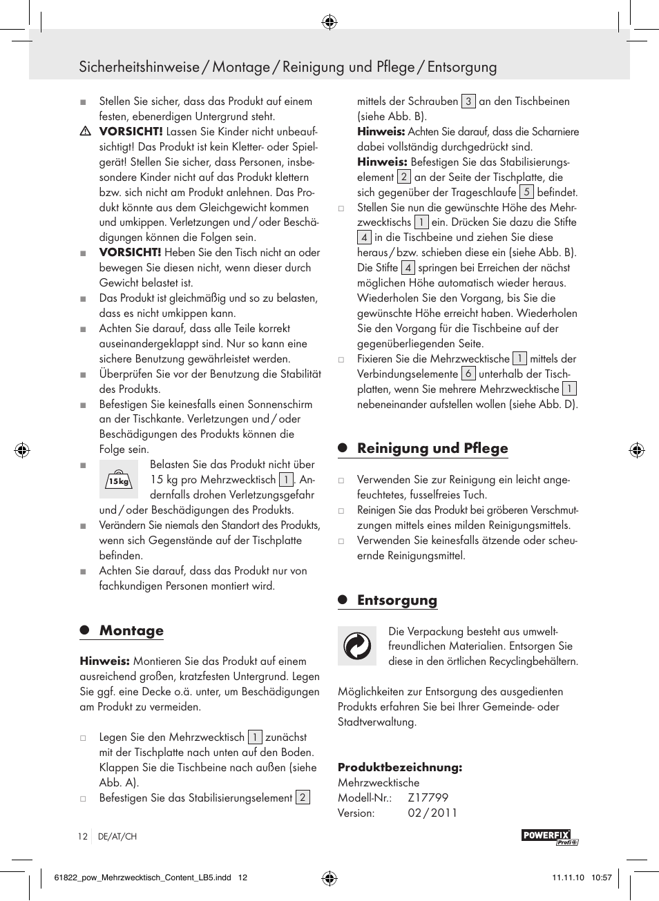 Montage, Reinigung und pflege, Entsorgung | Powerfix Z17799 User Manual | Page 10 / 12