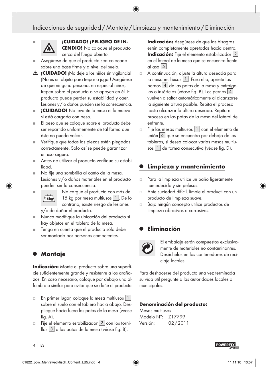 Montaje, Limpieza y mantenimiento, Eliminación | Powerfix Z17799 User Manual | Page 2 / 12