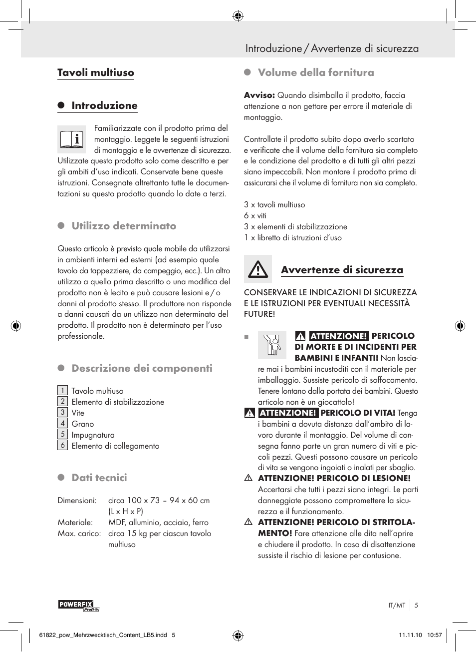 Introduzione / avvertenze di sicurezza, Tavoli multiuso, Introduzione | Utilizzo determinato, Descrizione dei componenti, Dati tecnici, Volume della fornitura, Avvertenze di sicurezza | Powerfix Z17799 User Manual | Page 3 / 12