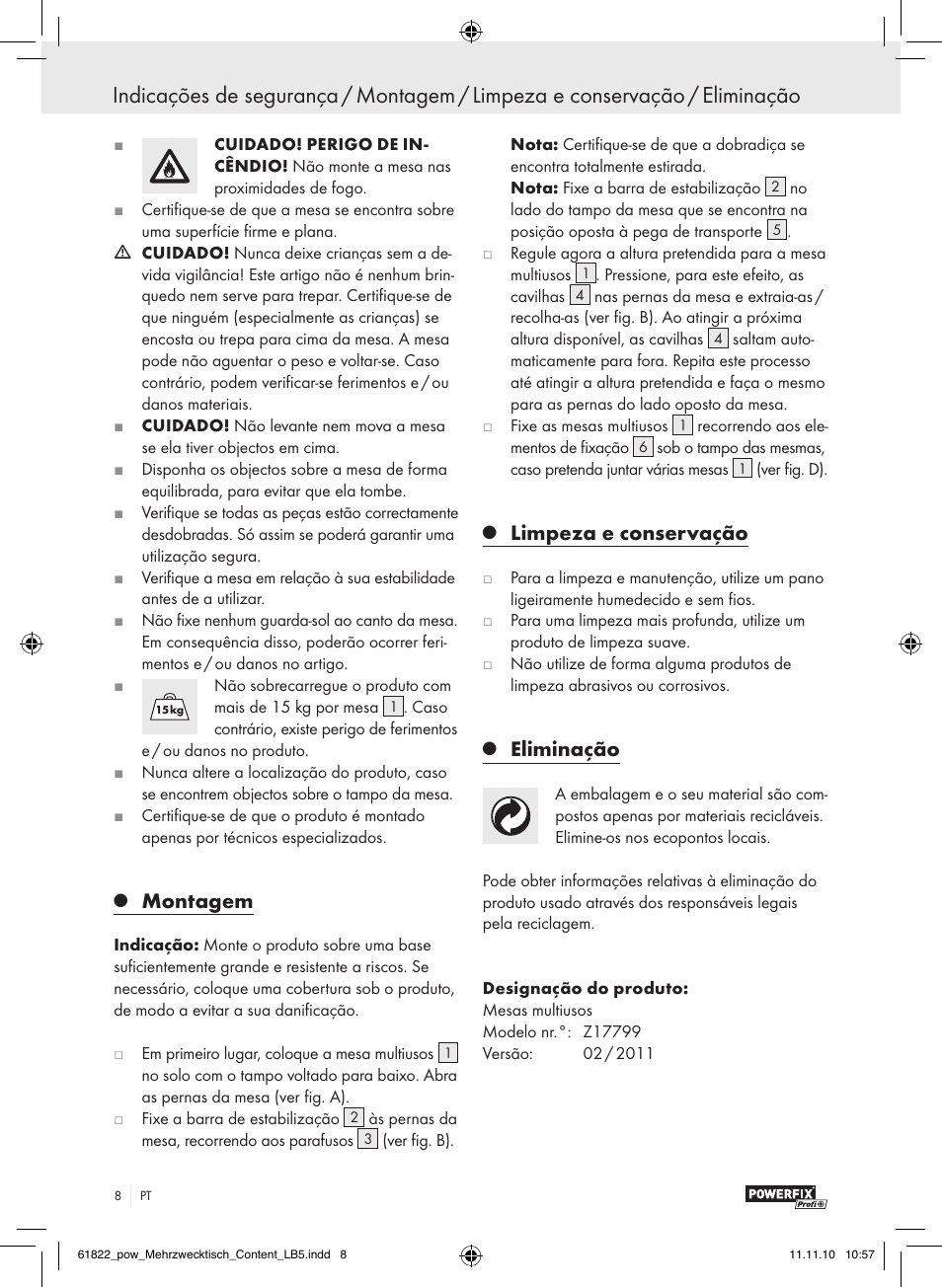 Introduction / safety advice, Montagem, Limpeza e conservação | Eliminação | Powerfix Z17799 User Manual | Page 6 / 12