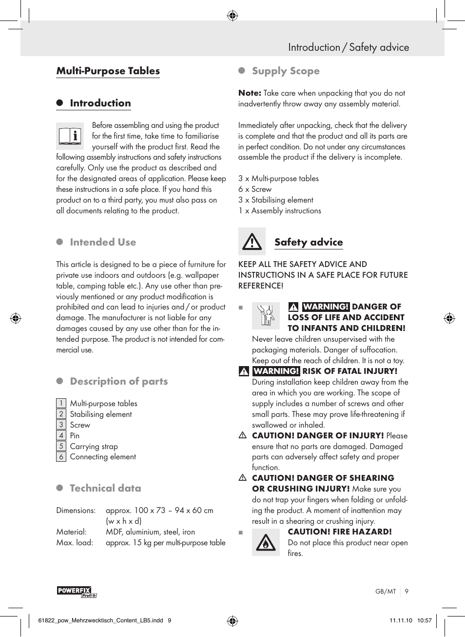 Introduction / safety advice, Multi-purpose tables, Introduction | Intended use, Description of parts, Technical data, Supply scope, Safety advice | Powerfix Z17799 User Manual | Page 7 / 12
