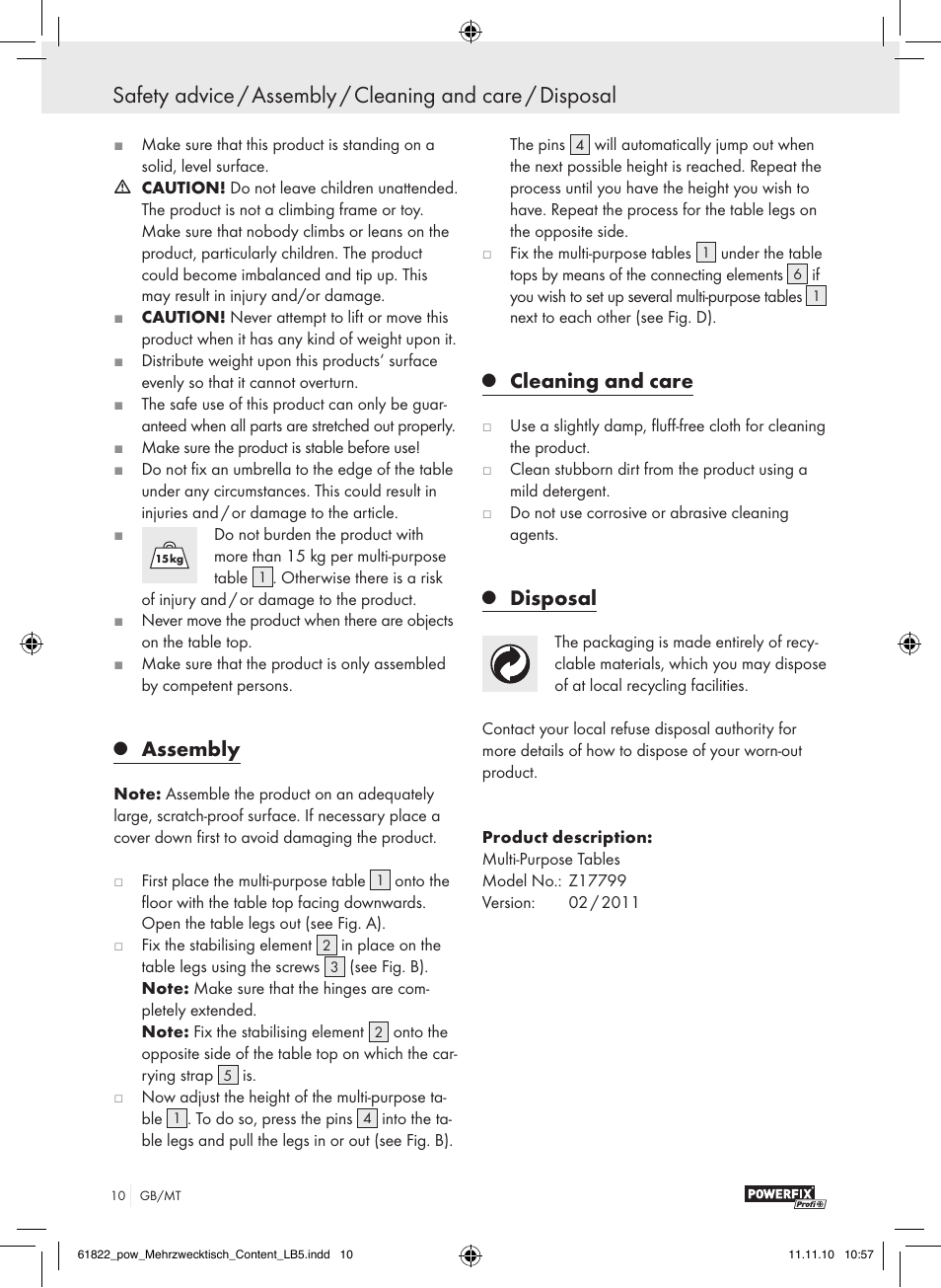 Assembly, Cleaning and care, Disposal | Powerfix Z17799 User Manual | Page 8 / 12