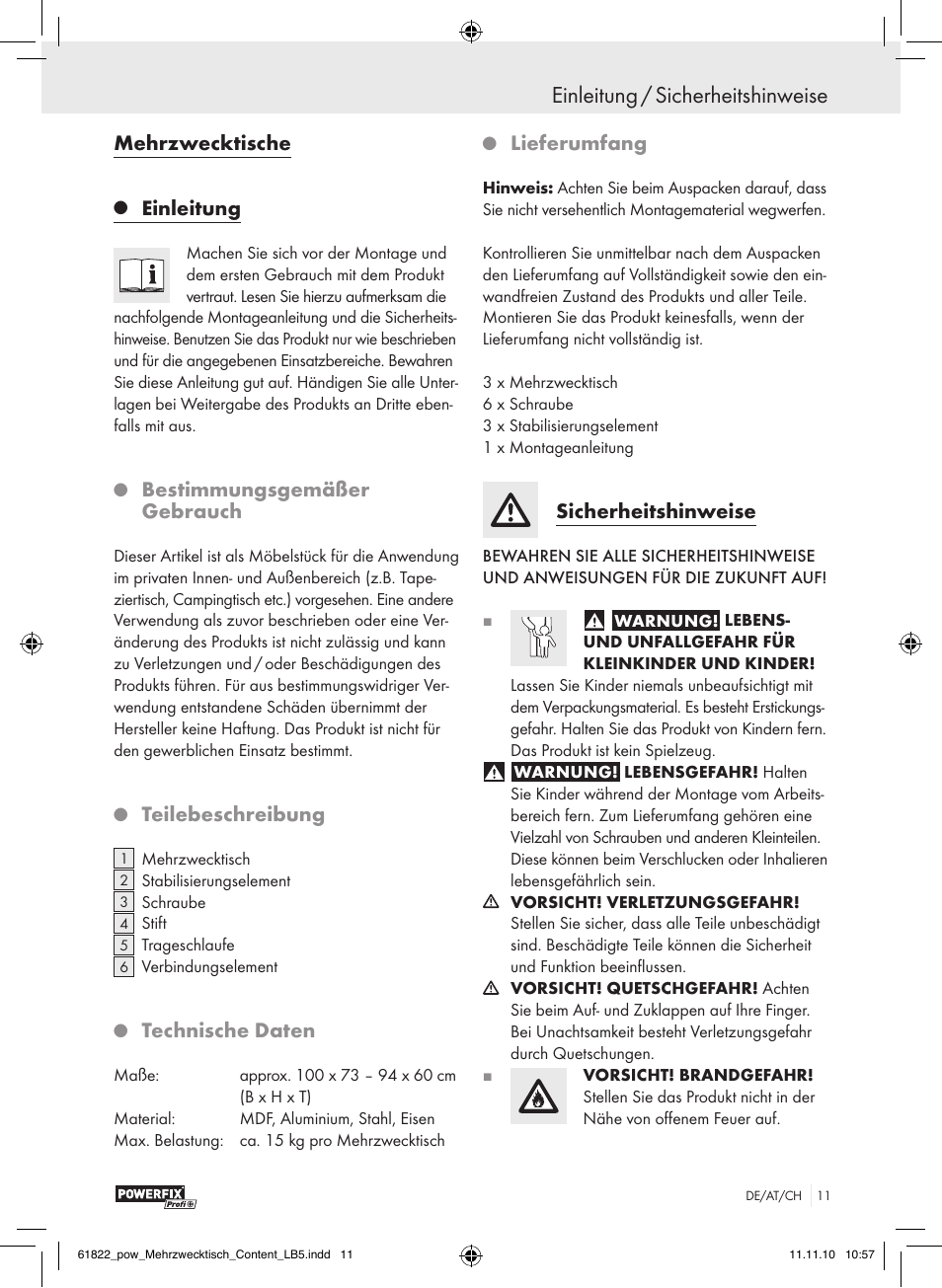 Einleitung / sicherheitshinweise, Mehrzwecktische, Einleitung | Bestimmungsgemäßer gebrauch, Teilebeschreibung, Technische daten, Lieferumfang, Sicherheitshinweise | Powerfix Z17799 User Manual | Page 9 / 12