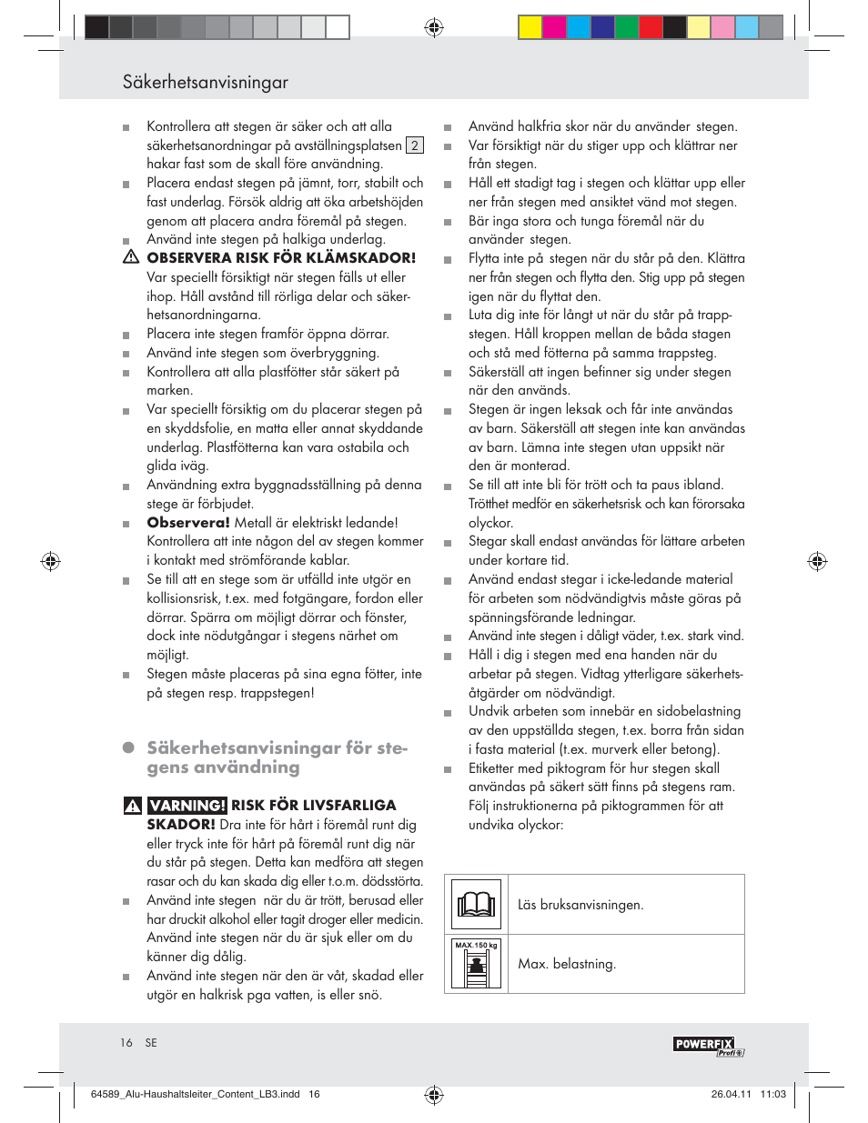 Säkerhetsanvisningar, Säkerhetsanvisningar för ste- gens användning | Powerfix Z29950 User Manual | Page 14 / 21