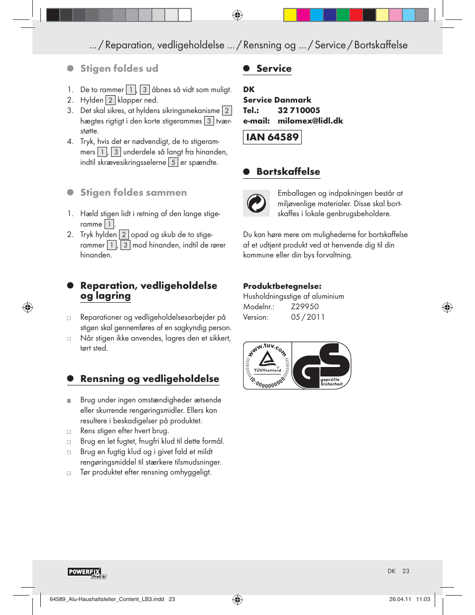 Stigen foldes ud, Stigen foldes sammen, Reparation, vedligeholdelse og lagring | Rensning og vedligeholdelse, Service | Powerfix Z29950 User Manual | Page 21 / 21