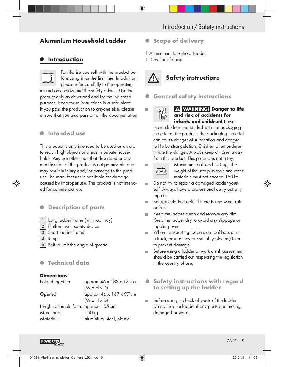 Introduction / safety instructions, Aluminium household ladder introduction, Intended use | Description of parts, Technical data, Scope of delivery, Safety instructions general safety instructions | Powerfix Z29950 User Manual | Page 3 / 21