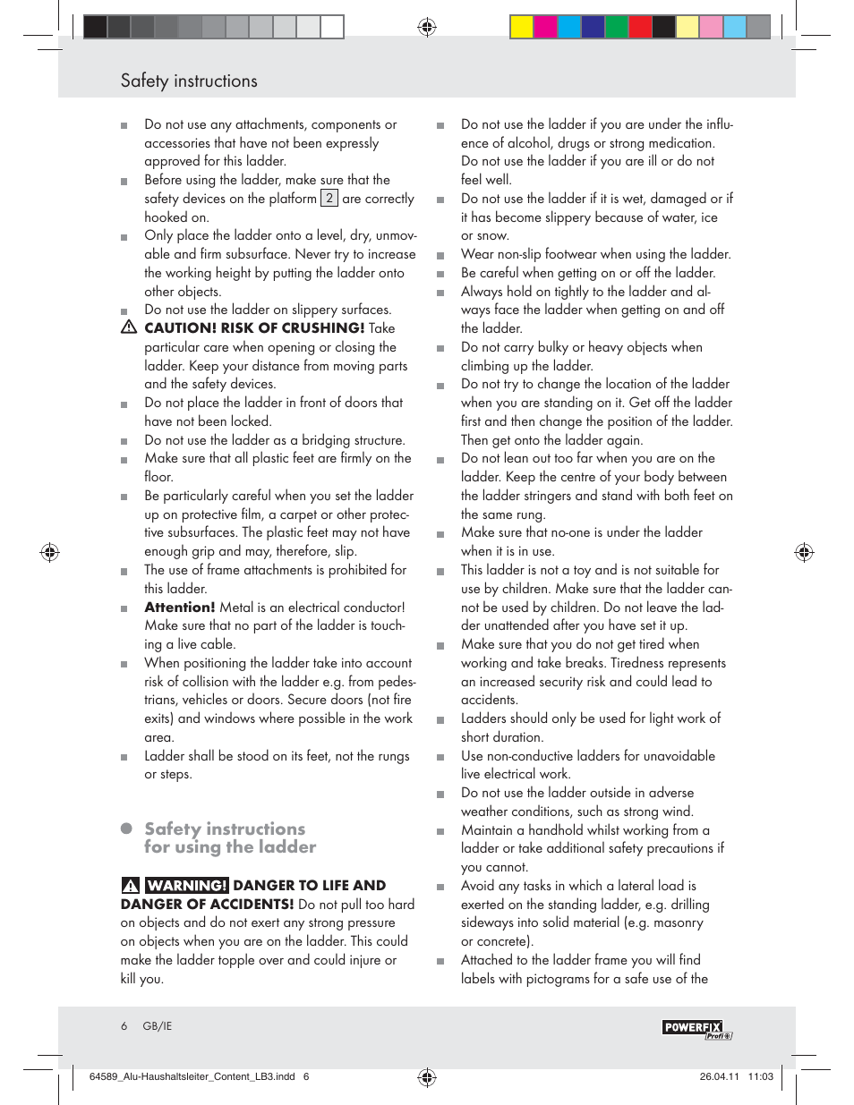 Safety instructions, Safety instructions for using the ladder | Powerfix Z29950 User Manual | Page 4 / 21