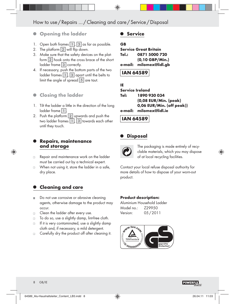 Opening the ladder, Closing the ladder, Repairs, maintenance and storage | Cleaning and care, Service | Powerfix Z29950 User Manual | Page 6 / 21