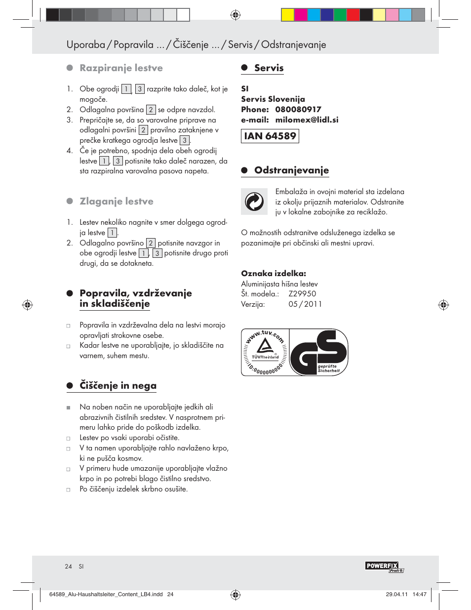 Razpiranje lestve, Zlaganje lestve, Popravila, vzdrževanje in skladiščenje | Čiščenje in nega, Servis, Odstranjevanje | Powerfix Z29950 User Manual | Page 22 / 32