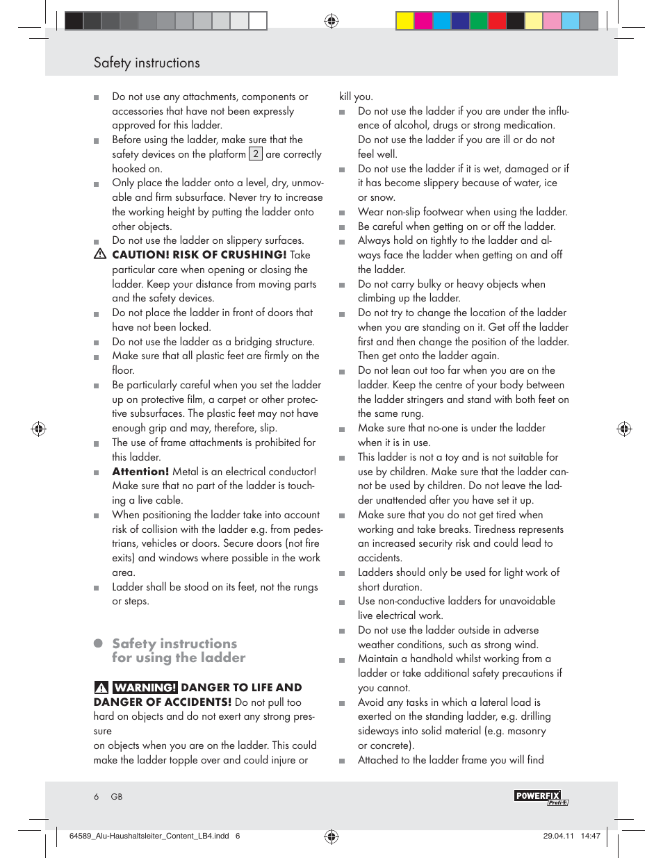 Safety instructions, Safety instructions for using the ladder | Powerfix Z29950 User Manual | Page 4 / 32