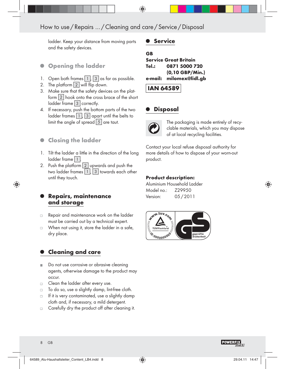 Opening the ladder, Closing the ladder, Repairs, maintenance and storage | Cleaning and care, Service | Powerfix Z29950 User Manual | Page 6 / 32