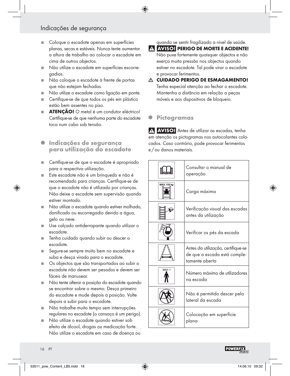 Indicações de segurança, Pictogramas | Powerfix Z29815 User Manual | Page 14 / 26