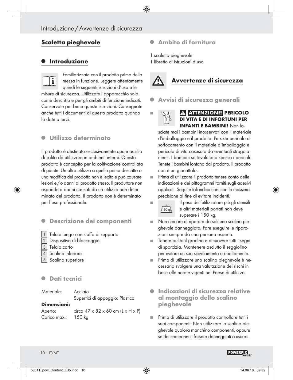 Introduzione / avvertenze di sicurezza, Scaletta pieghevole, Introduzione | Utilizzo determinato, Descrizione dei componenti, Dati tecnici, Ambito di fornitura, Avvertenze di sicurezza, Avvisi di sicurezza generali | Powerfix Z29815 User Manual | Page 8 / 26