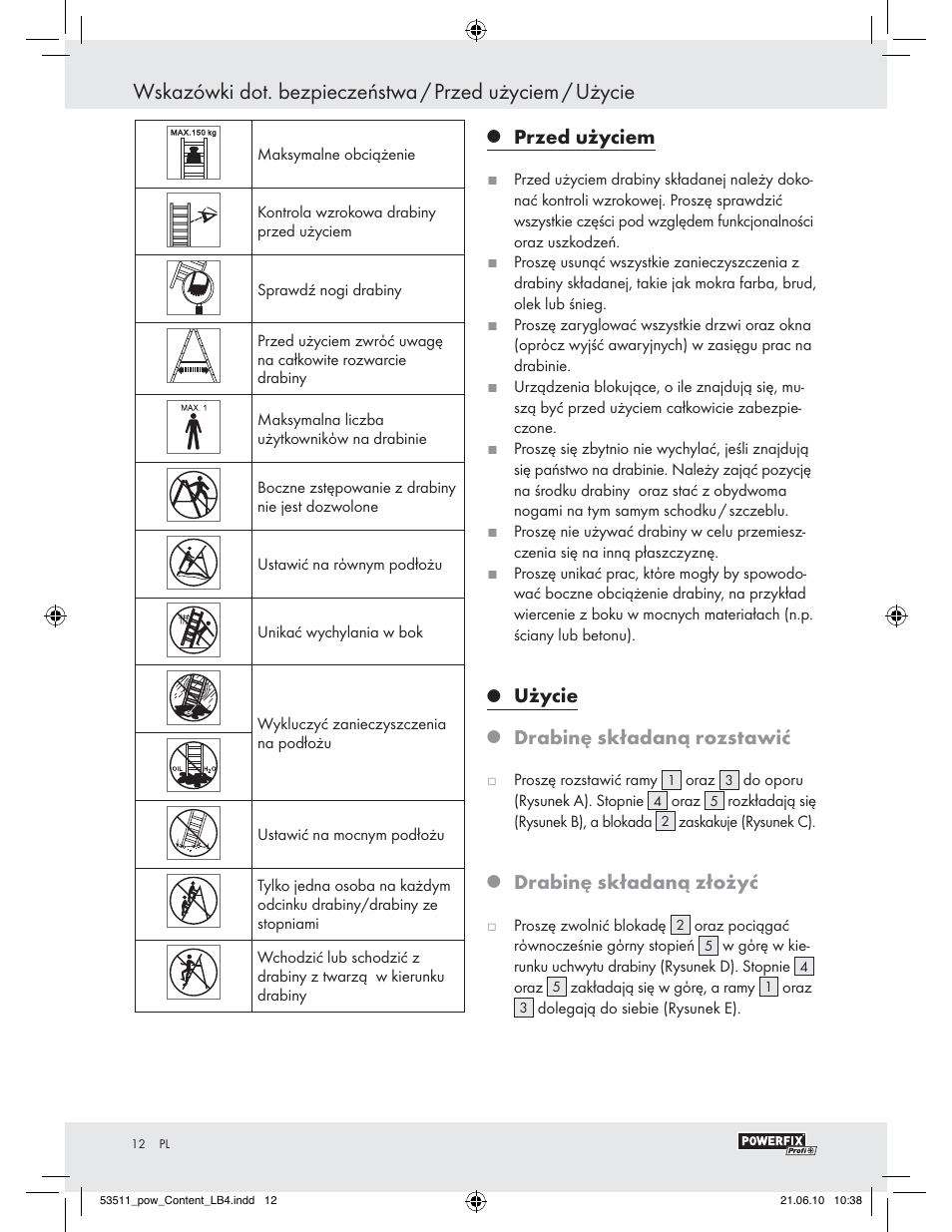 Przed użyciem, Użycie, Drabinę składaną rozstawić | Drabinę składaną złożyć | Powerfix Z29815 User Manual | Page 10 / 36