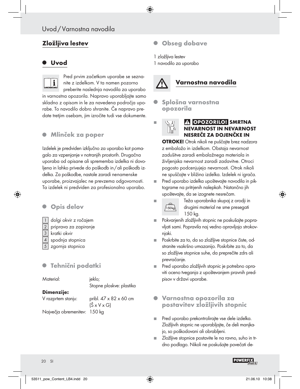 Uvod / varnostna navodila, Zložljiva lestev, Uvod | Mlinček za poper, Opis delov, Tehnični podatki, Obseg dobave, Varnostna navodila, Splošna varnostna opozorila | Powerfix Z29815 User Manual | Page 18 / 36