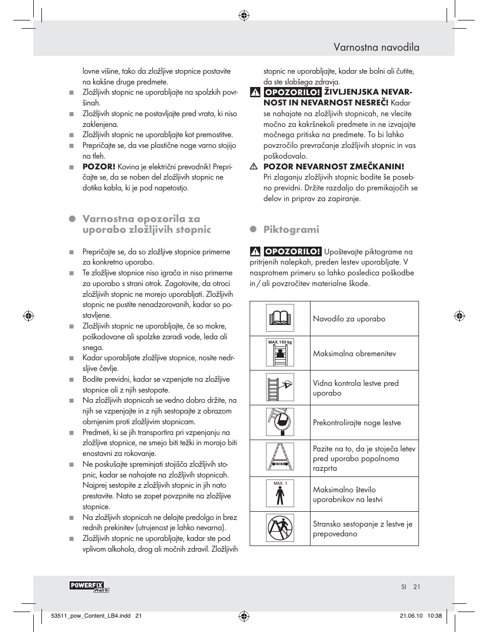 Varnostna navodila, Varnostna opozorila za uporabo zložljivih stopnic, Piktogrami | Powerfix Z29815 User Manual | Page 19 / 36