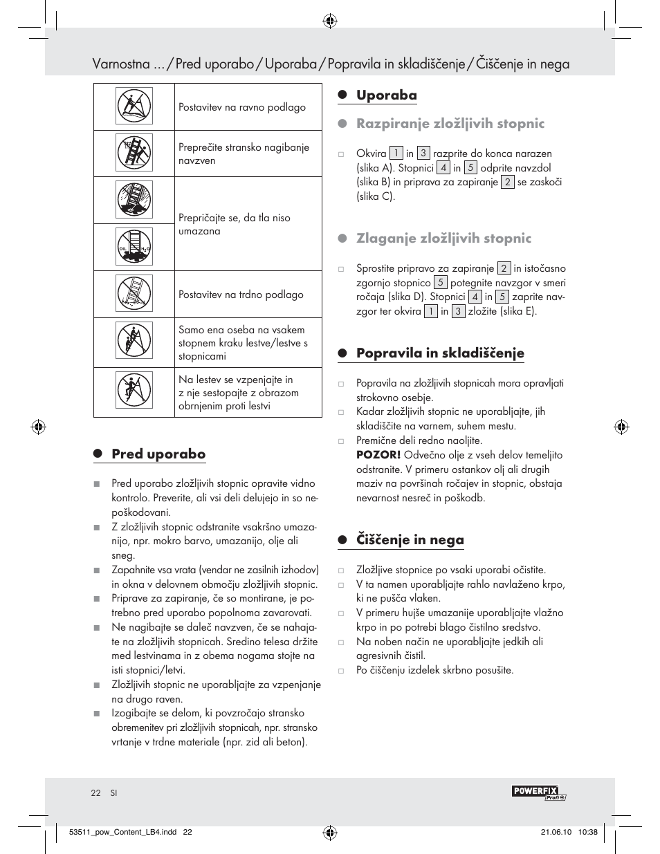 Pred uporabo, Uporaba, Razpiranje zložljivih stopnic | Zlaganje zložljivih stopnic, Popravila in skladiščenje, Čiščenje in nega | Powerfix Z29815 User Manual | Page 20 / 36