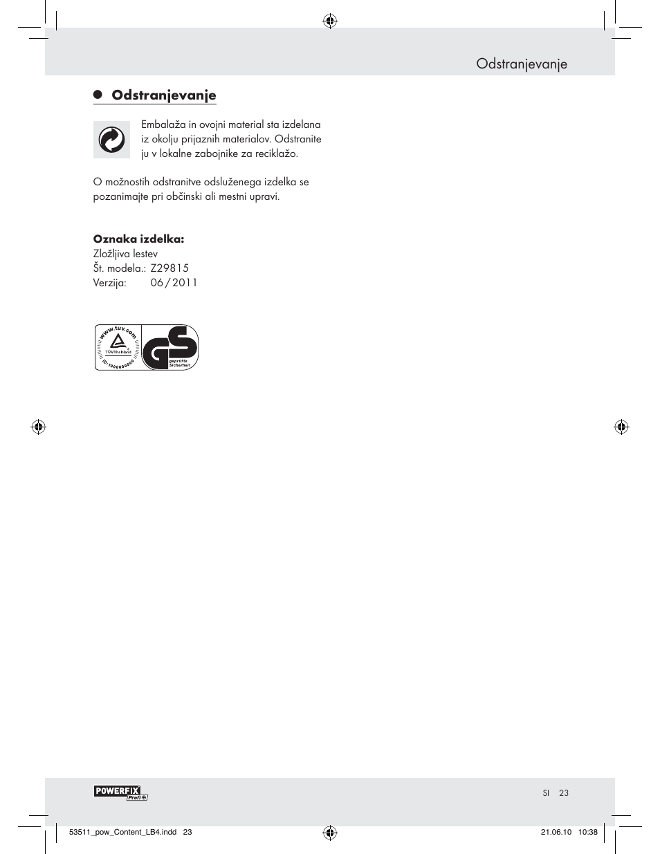 Odstranjevanje | Powerfix Z29815 User Manual | Page 21 / 36