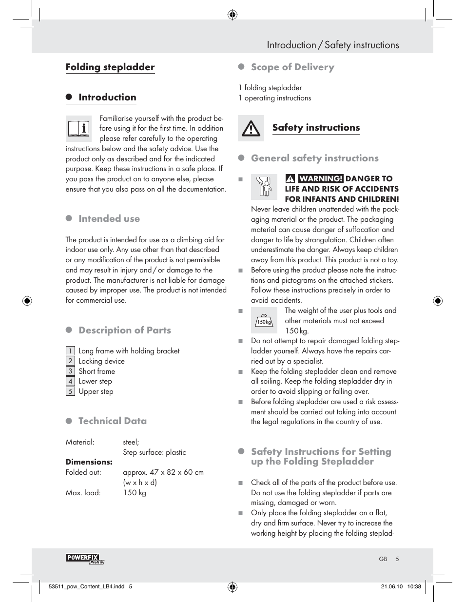 Introduction / safety instructions, Folding stepladder, Introduction | Intended use, Description of parts, Technical data, Scope of delivery, Safety instructions, General safety instructions | Powerfix Z29815 User Manual | Page 3 / 36