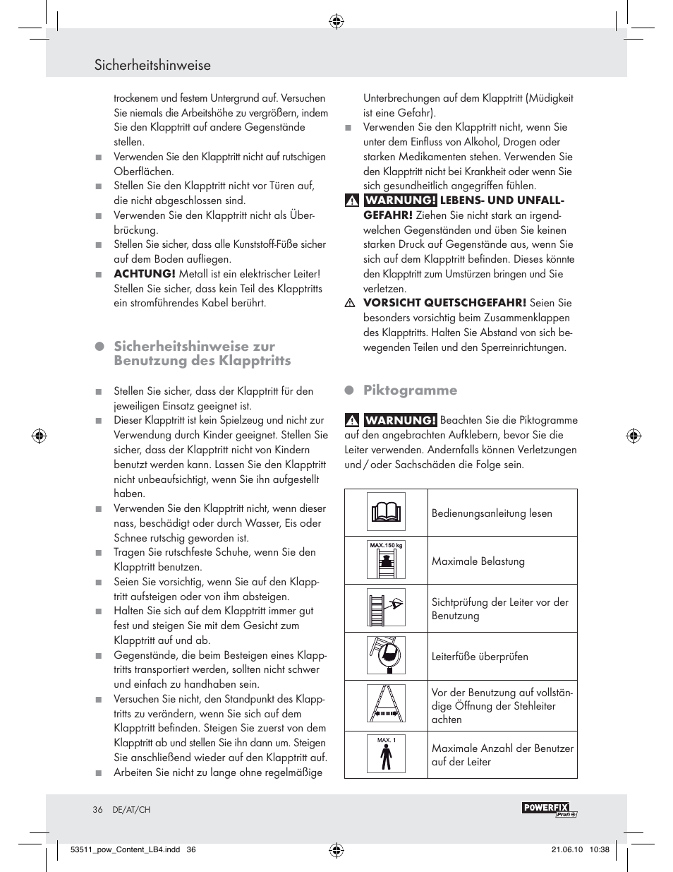 Sicherheitshinweise, Sicherheitshinweise zur benutzung des klapptritts, Piktogramme | Powerfix Z29815 User Manual | Page 34 / 36