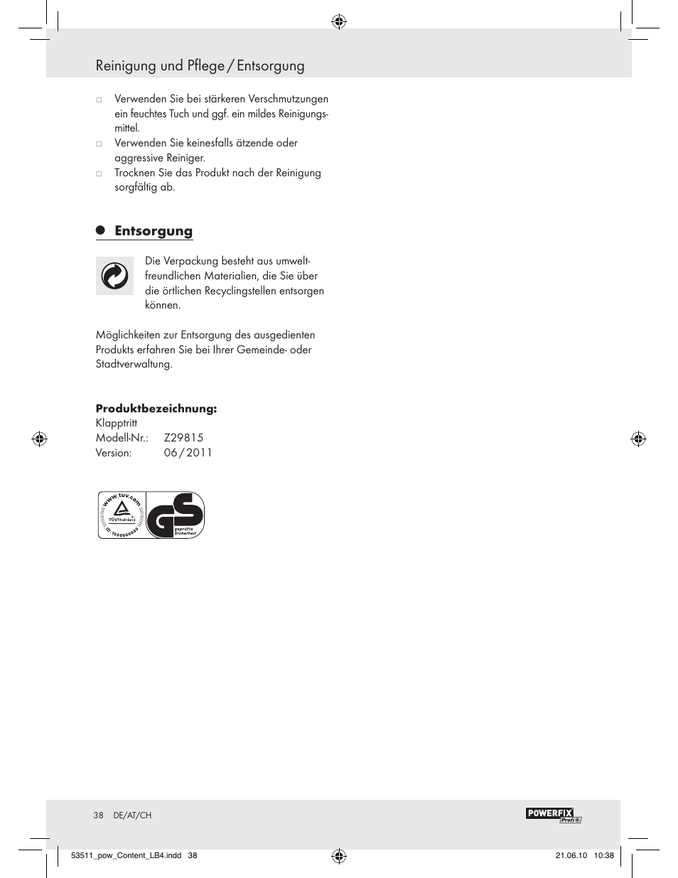 Reinigung und pflege / entsorgung, Entsorgung | Powerfix Z29815 User Manual | Page 36 / 36