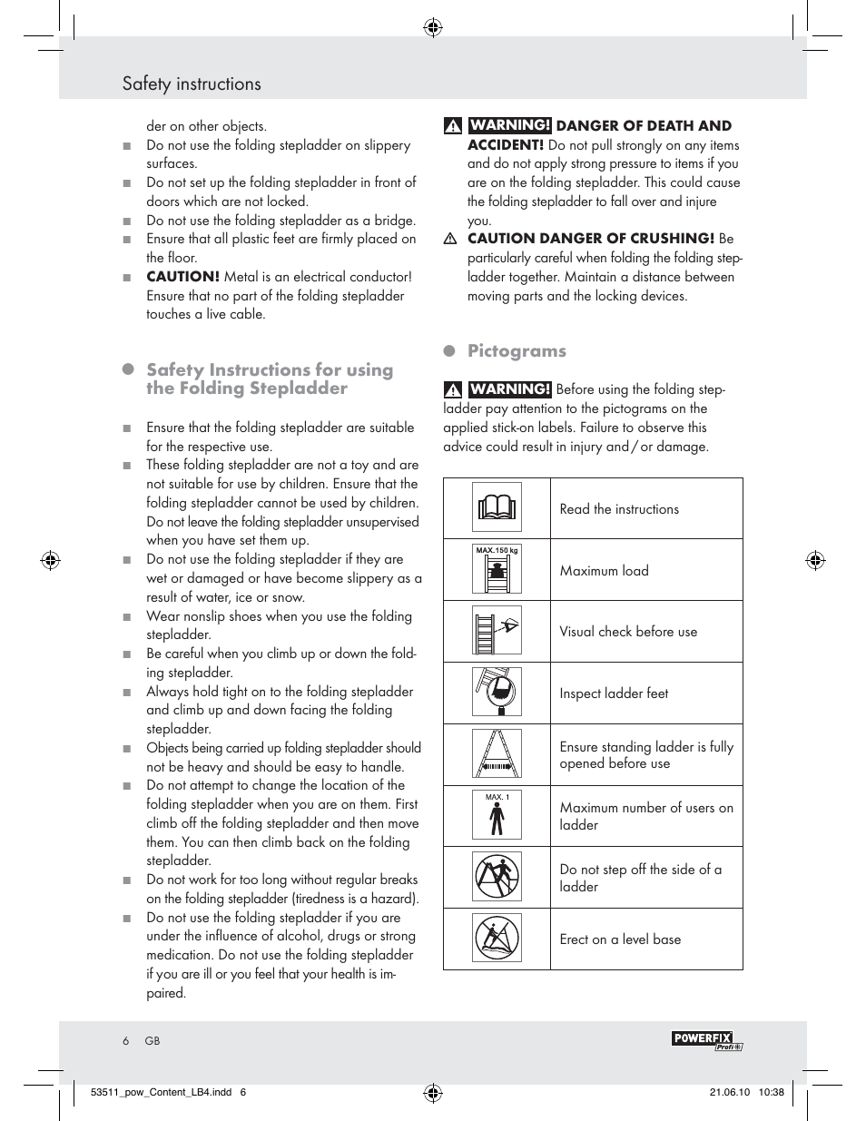 Safety instructions, Pictograms | Powerfix Z29815 User Manual | Page 4 / 36