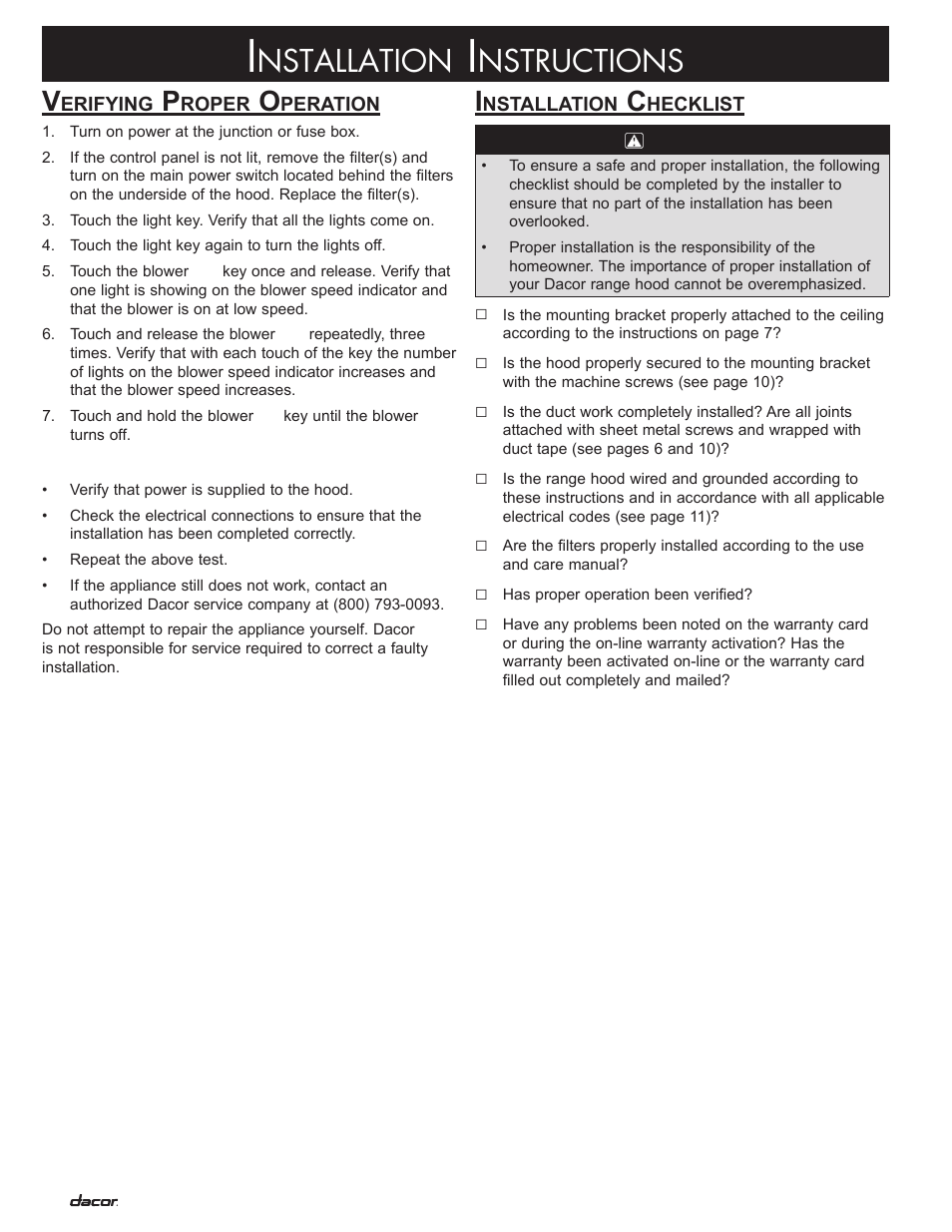 Nstallation, Nstructions | Dacor DHI361 User Manual | Page 14 / 16