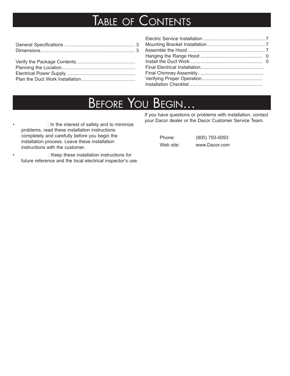 Able, Ontents, Efore | Egin | Dacor DHI361 User Manual | Page 2 / 16