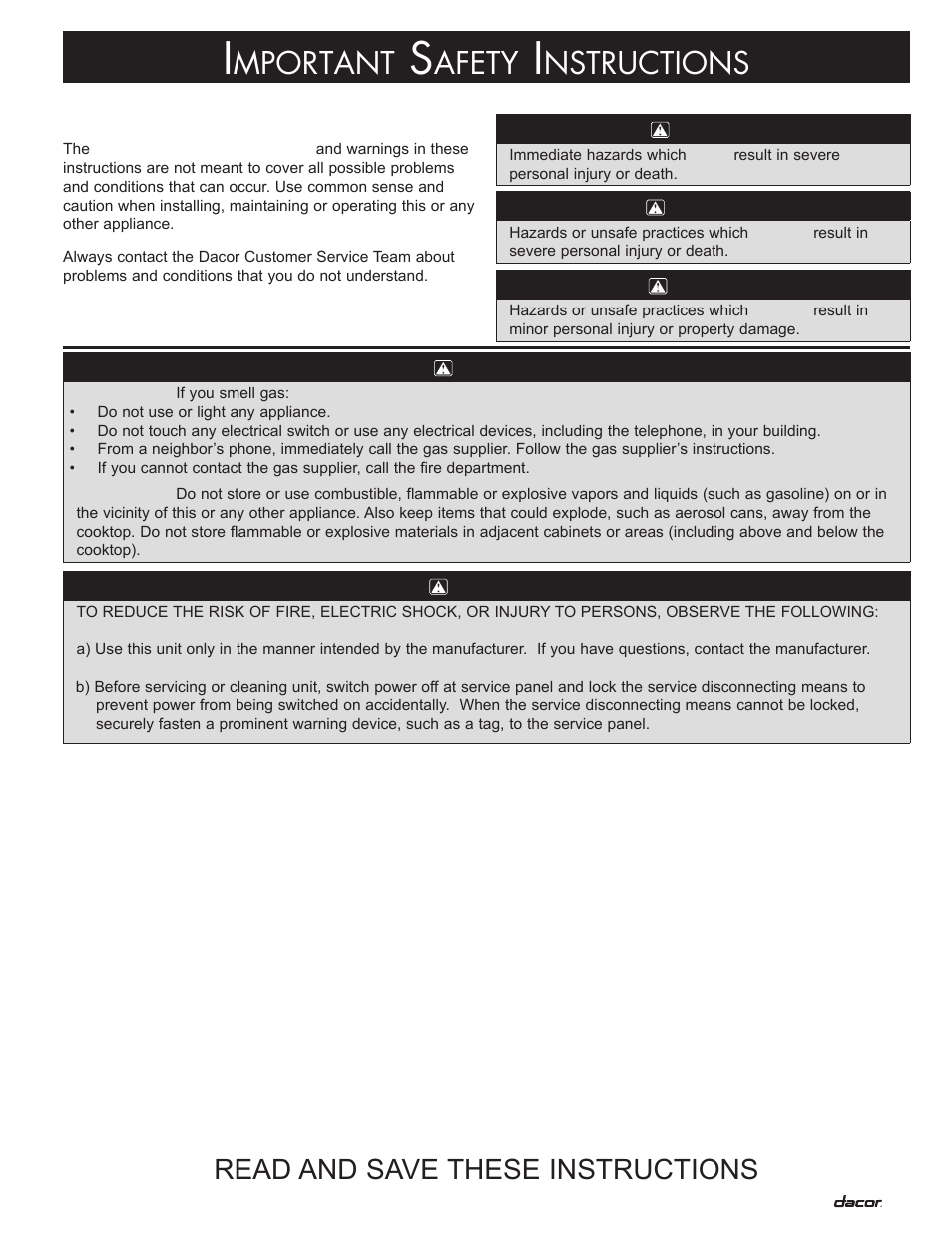 Mportant, Afety, Nstructions | Read and save these instructions | Dacor DHI361 User Manual | Page 3 / 16