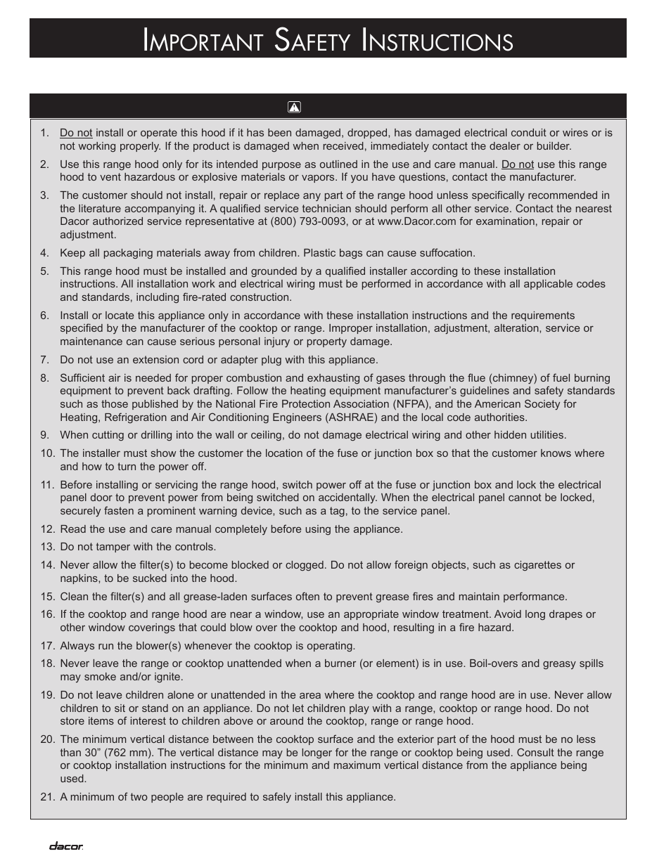 Mportant, Afety, Nstructions | Dacor DHI361 User Manual | Page 4 / 16