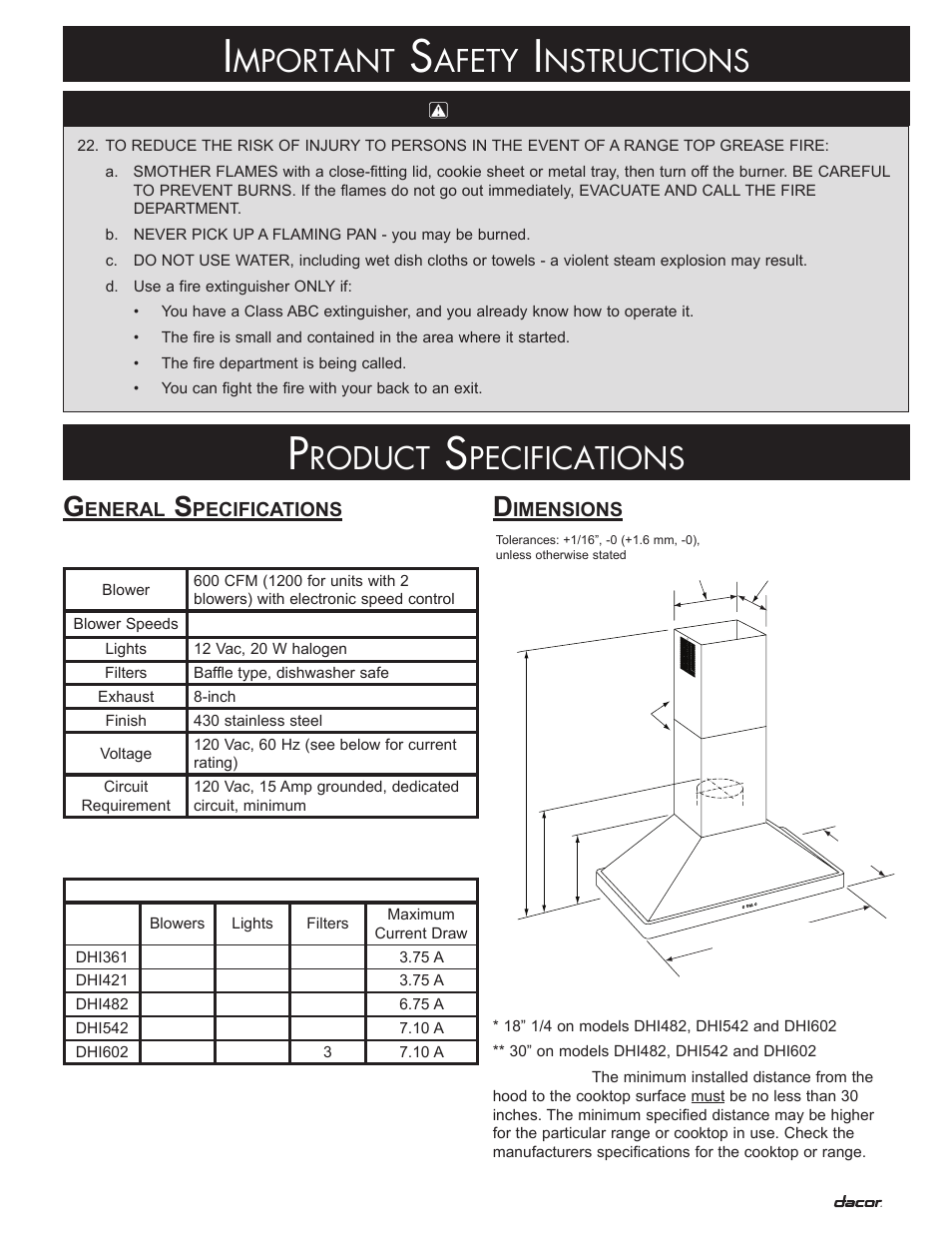 Mportant, Afety, Nstructions | Roduct, Pecifications | Dacor DHI361 User Manual | Page 5 / 16
