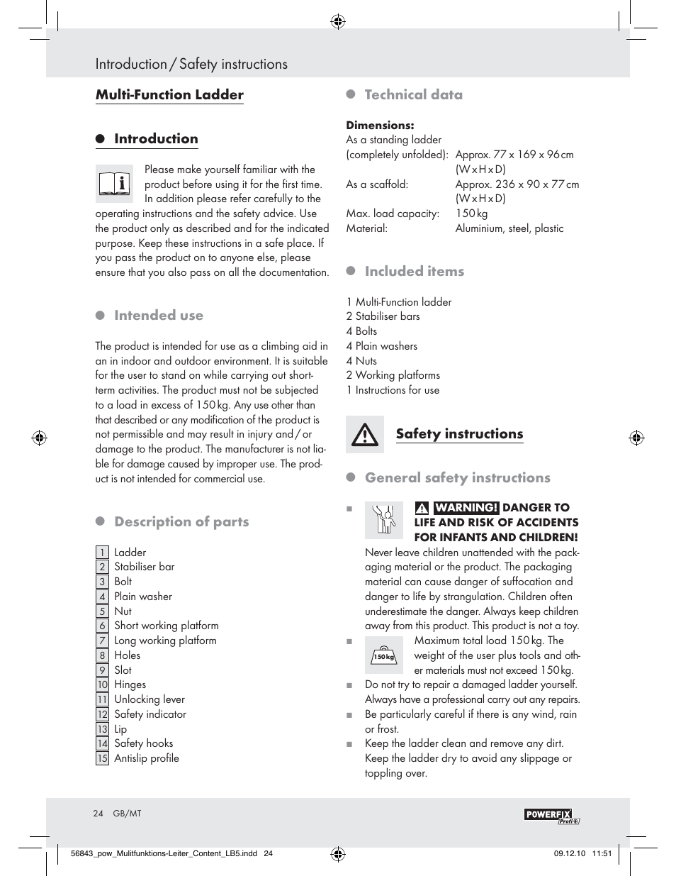 Introduction / safety instructions, Multi-function ladder, Introduction | Intended use, Description of parts, Technical data, Included items, Safety instructions, General safety instructions | Powerfix Z30473 User Manual | Page 22 / 35