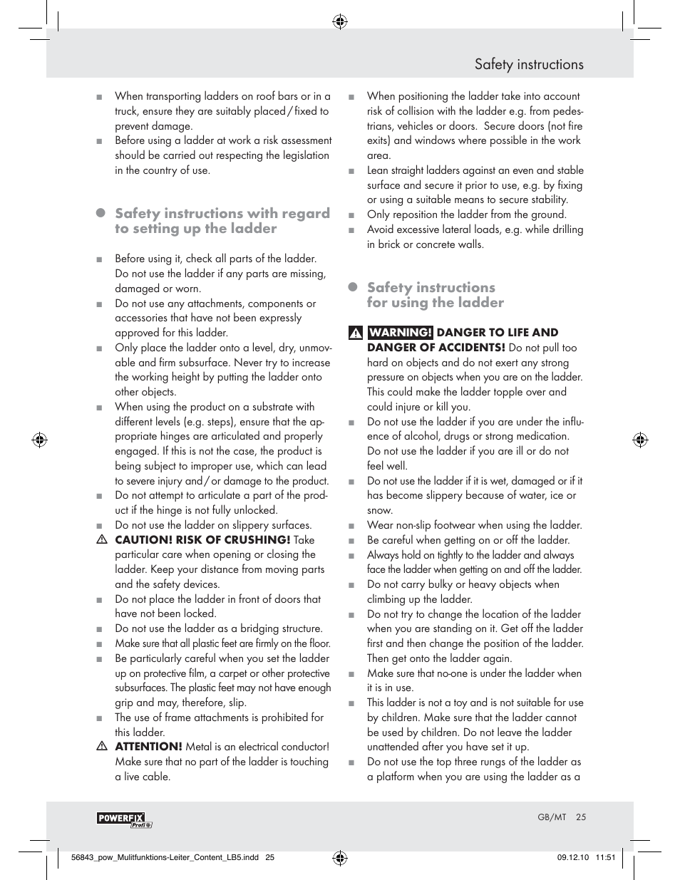 Safety instructions, Safety instructions for using the ladder | Powerfix Z30473 User Manual | Page 23 / 35