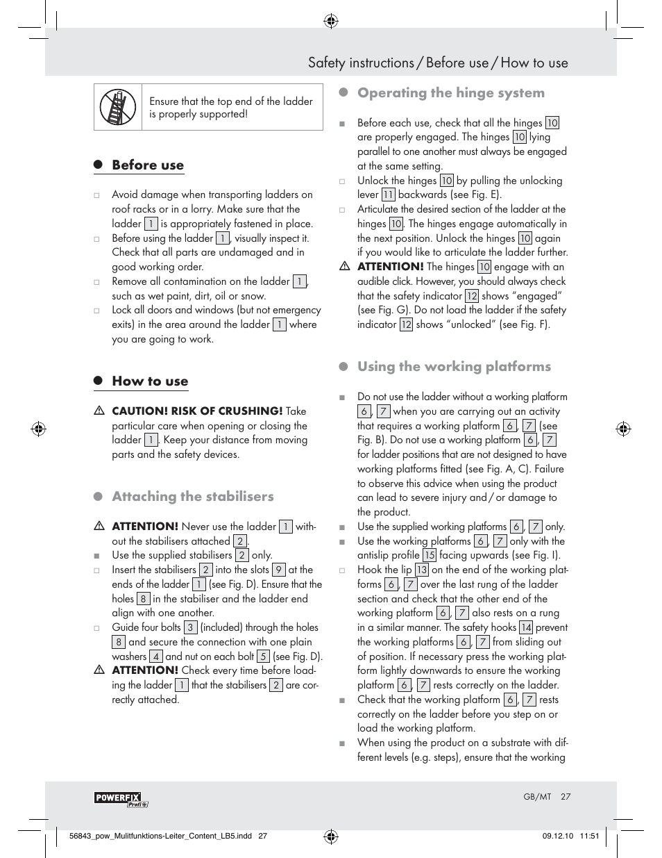 Safety instructions / before use / how to use, Before use, How to use | Attaching the stabilisers, Operating the hinge system, Using the working platforms | Powerfix Z30473 User Manual | Page 25 / 35