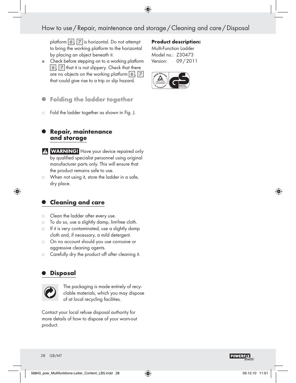 Folding the ladder together, Repair, maintenance and storage, Cleaning and care | Disposal | Powerfix Z30473 User Manual | Page 26 / 35