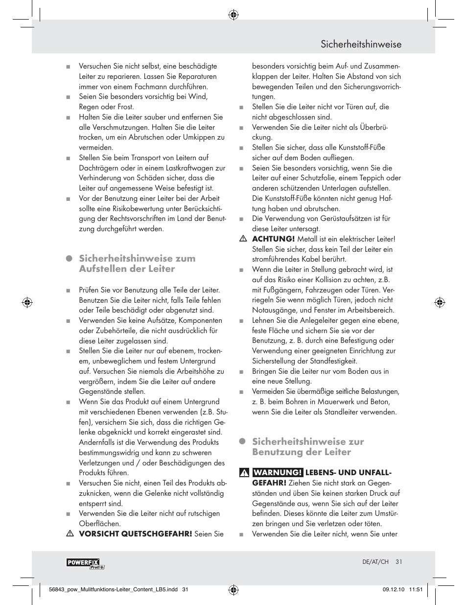 Sicherheitshinweise, Sicherheitshinweise zum aufstellen der leiter, Sicherheitshinweise zur benutzung der leiter | Powerfix Z30473 User Manual | Page 29 / 35