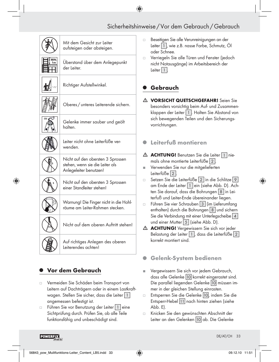 Sicherheitshinweise / vor dem gebrauch / gebrauch, Vor dem gebrauch, Gebrauch | Leiterfuß montieren, Gelenk-system bedienen | Powerfix Z30473 User Manual | Page 31 / 35